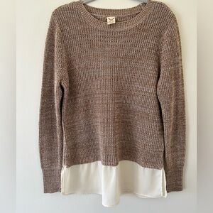 Faded Glory Brown Waffle Knit Crewneck Sweater with Cream Layered Hem